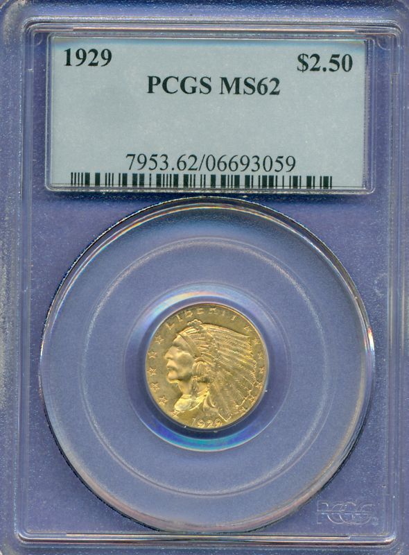 1929 $2 1/2 Gold Indian Quarter Eagle PCGS graded MS62  
