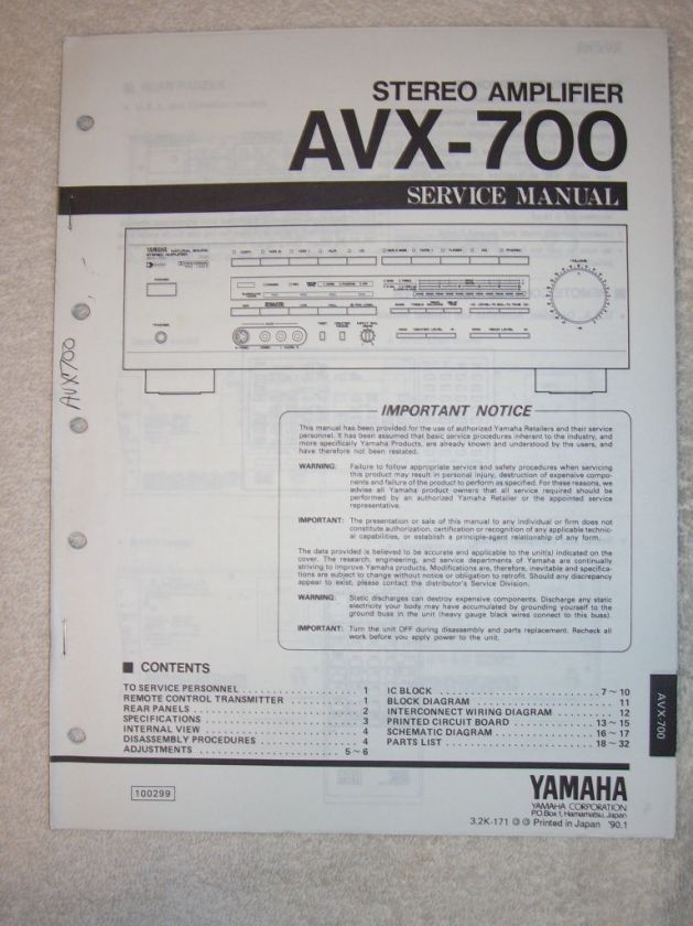 Yamaha Service Manual~AVX 700 Stereo Amplifier Amp  