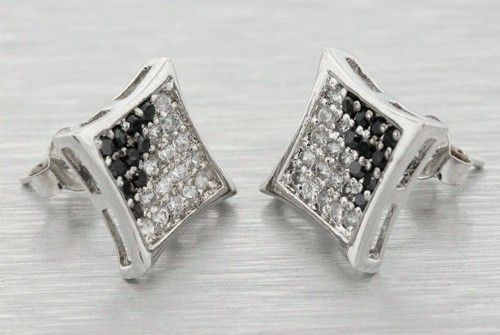 925 STERLING SILVER PAVE BLACK WHITE SIMULATED LAB DIAMOND EARRINGS 