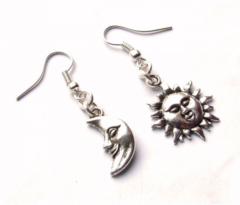 Silver Plated *Flaming Sun & Crescent Moon* Charm Earrings, Wicca/Cute 
