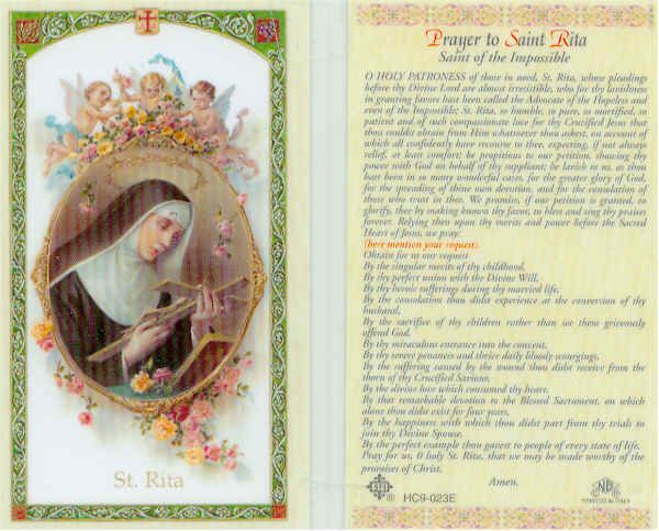 Saint Rita of the Impossible Advocate Holy Prayer Card  