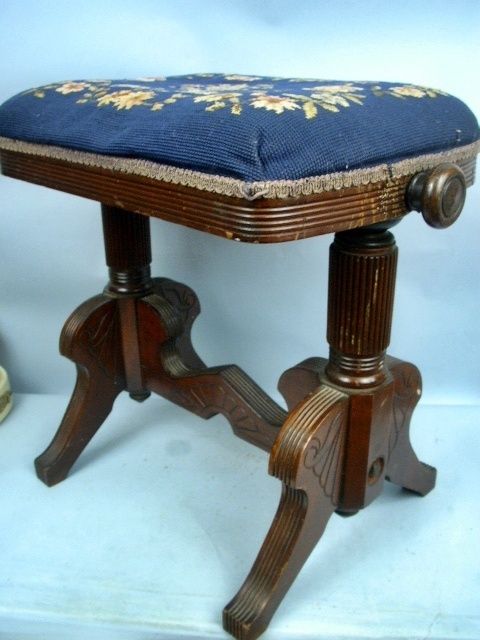 Antique Piano/Organ Stool With Needlepoint Top  