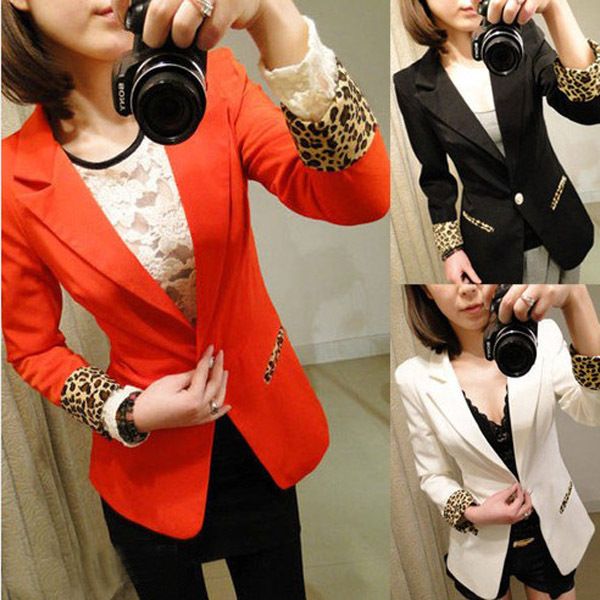Women Candy Color Casual Blazer Suits Leopard Turn Back Cuff Lapel 