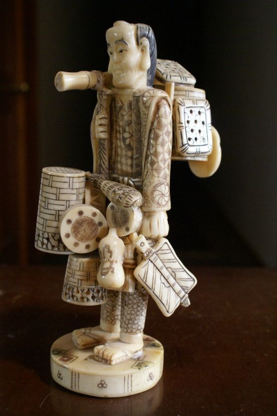 Antique Japanese Okimono Hand Carved Ox Bone Figure Figurine Traveling 