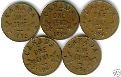 1932 1933 1934 1935 1936 George V 1 Cent Copper Coins  