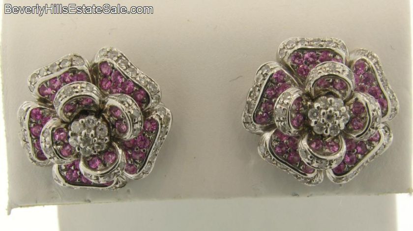 Vintage 14k White Gold Diamonds Pink Sapphires Flower Design Earrings 