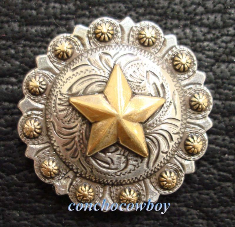WESTERN SADDLE SILVER GOLD STAR BERRY CONCHO 1 1/4  