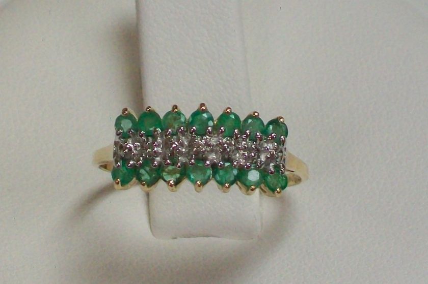 10K Yellow Gold Emerald and Diamond Cluster Band Ring  