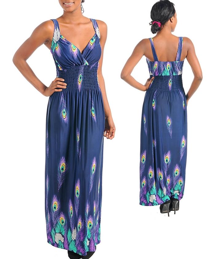 Exotic Sexy Peacock Clubbing Maxi Cocktail Print Long Blue Fitted Bust 