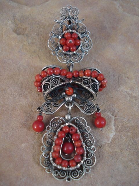 Large Mexican Sterling Silver Red Coral Frida Earrings  